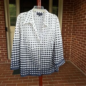 Jones New York Navy and White Polka Dot Button-Down Cotton Shirt 3/4 Sleeve